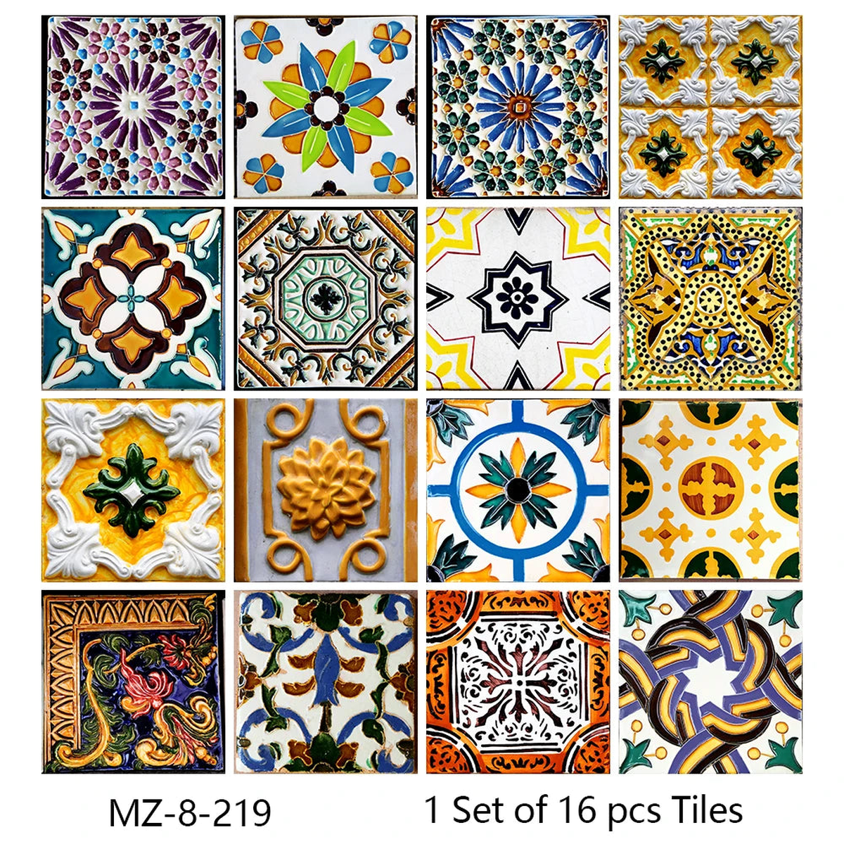 16pcs Watercolor Painting Style Tiles Wall Sticker Kitchen Backsplash Wardrobe Bathroom Waterproof Peel & Stick Art Wall Decals - MZ-8-219 | 20cmX20cmX16pcs