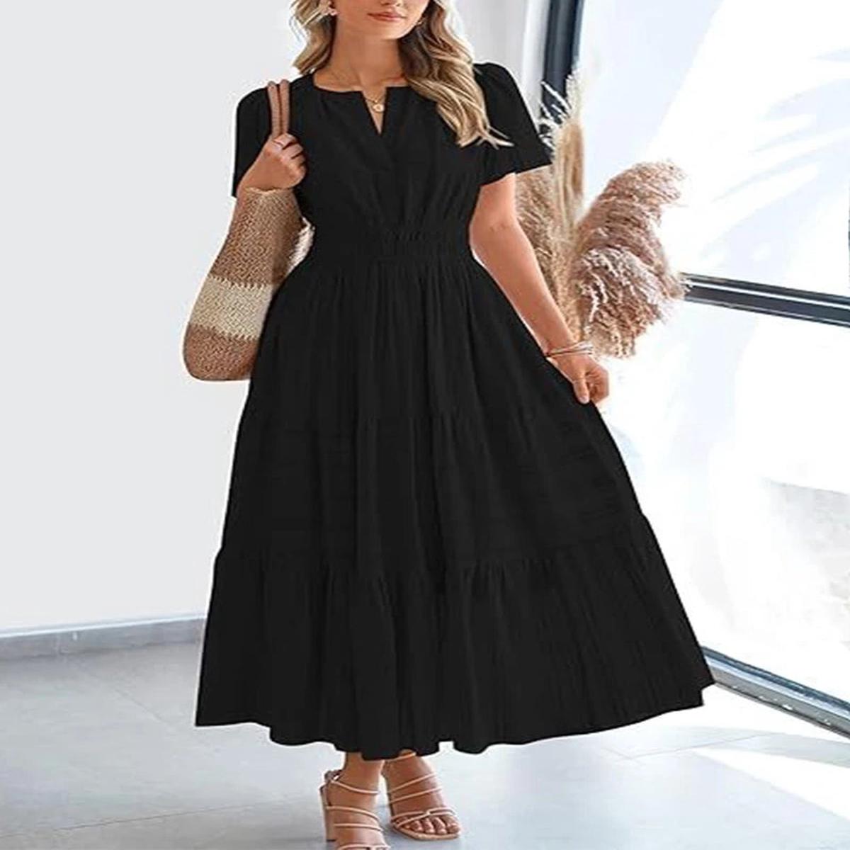 VivaSpring Layered Swing Dress  Women's V-Neck, Bubble Sleeves, and Big Swing Design for Effortless Style - Black | M