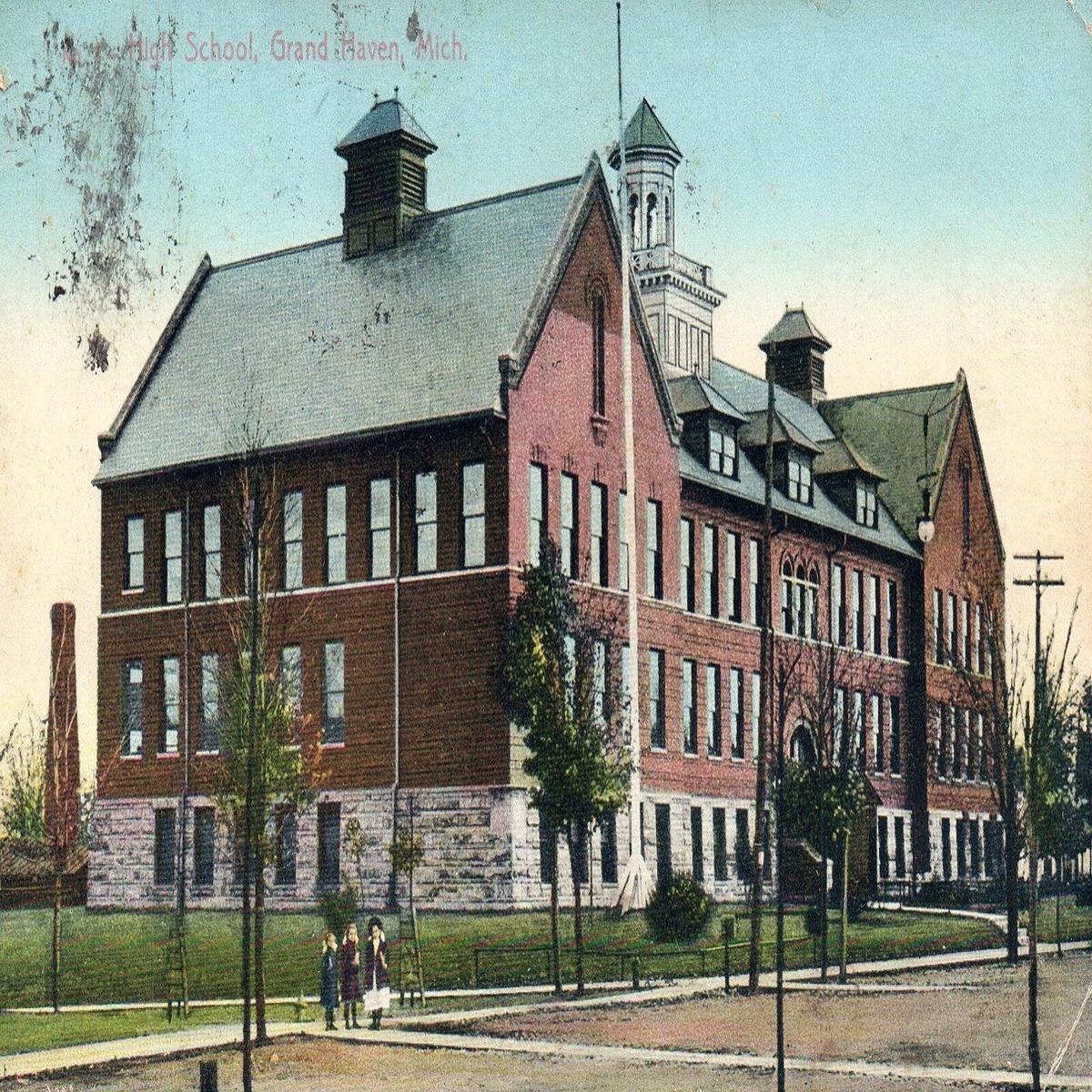 Little Girls Outside of High School in Grand Haven Michigan MI Postcard