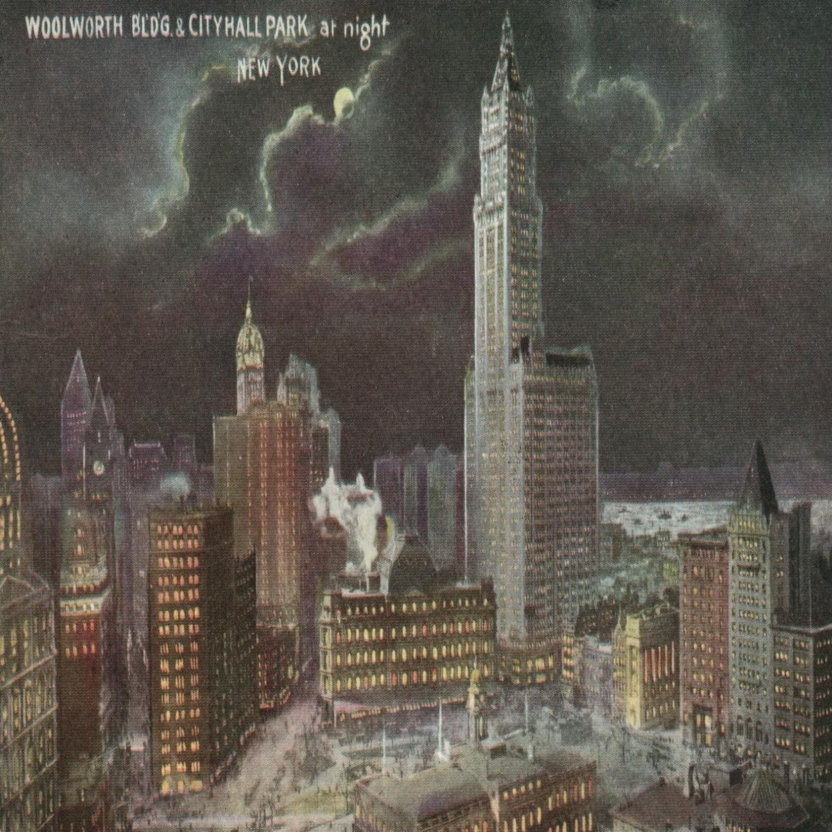 Woolworth Building and City Hall Park At Night Clouds Moon NYC New York Postcard