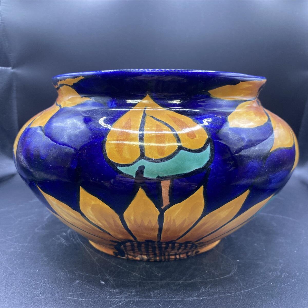 VTG 7" tall Terracotta Pottery Planter Vase Mexican Talavera 1980's Sunflower