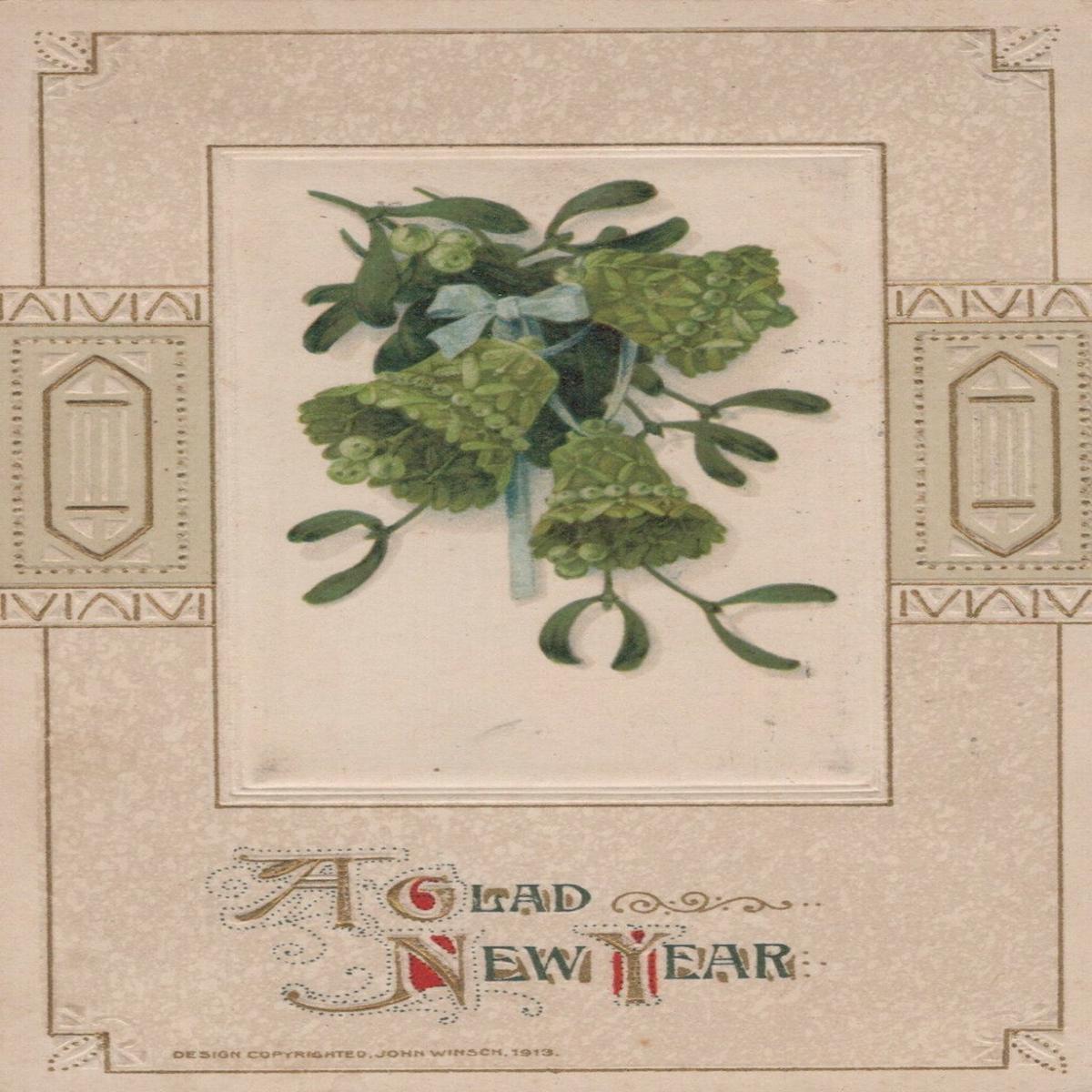 Winsch 1913 Glad New Year Three Green Bells Mistletoe Gold Gilt Frame Postcard