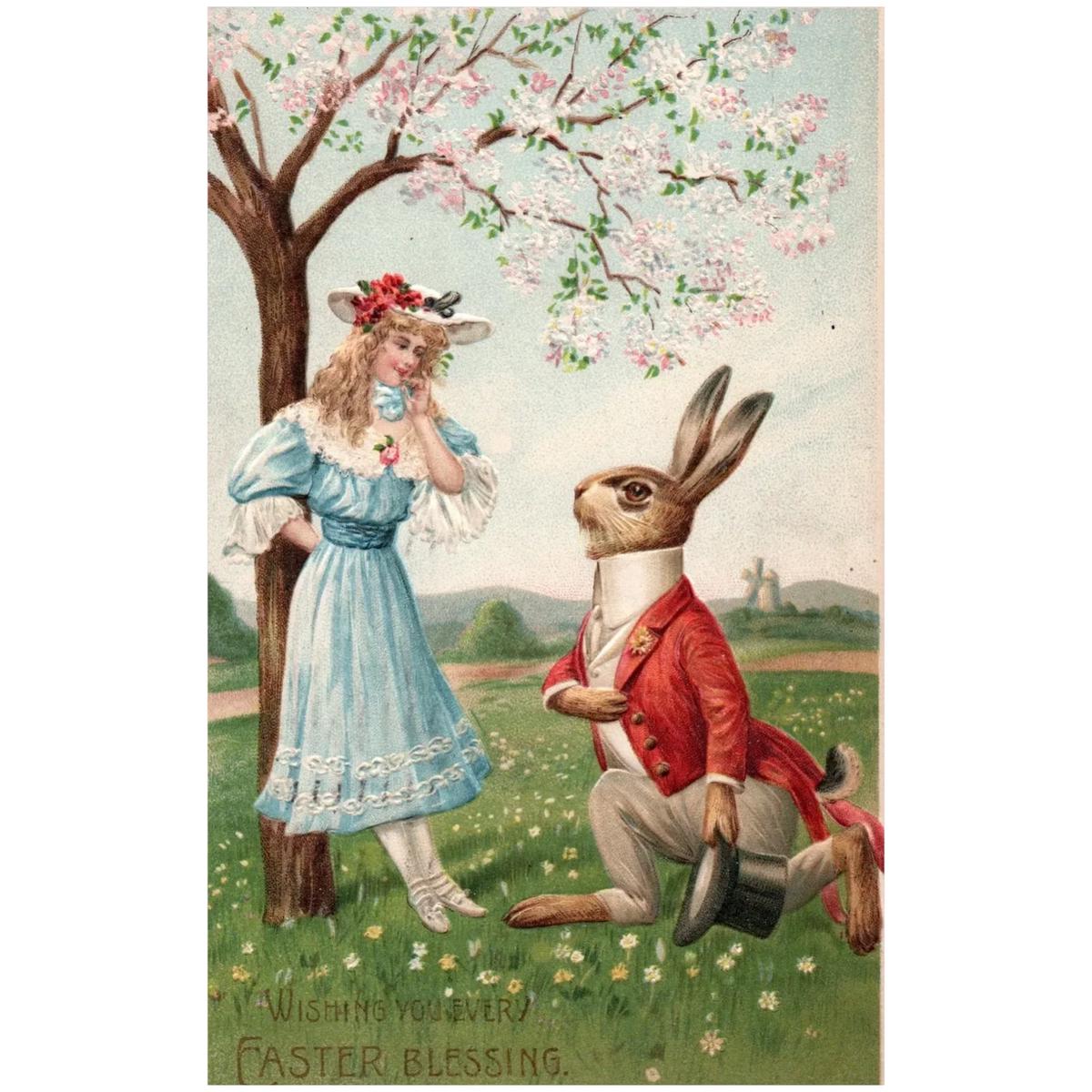 Wishing You Every Easter Blessing Beautiful Woman & Rabbit Easter Postcard