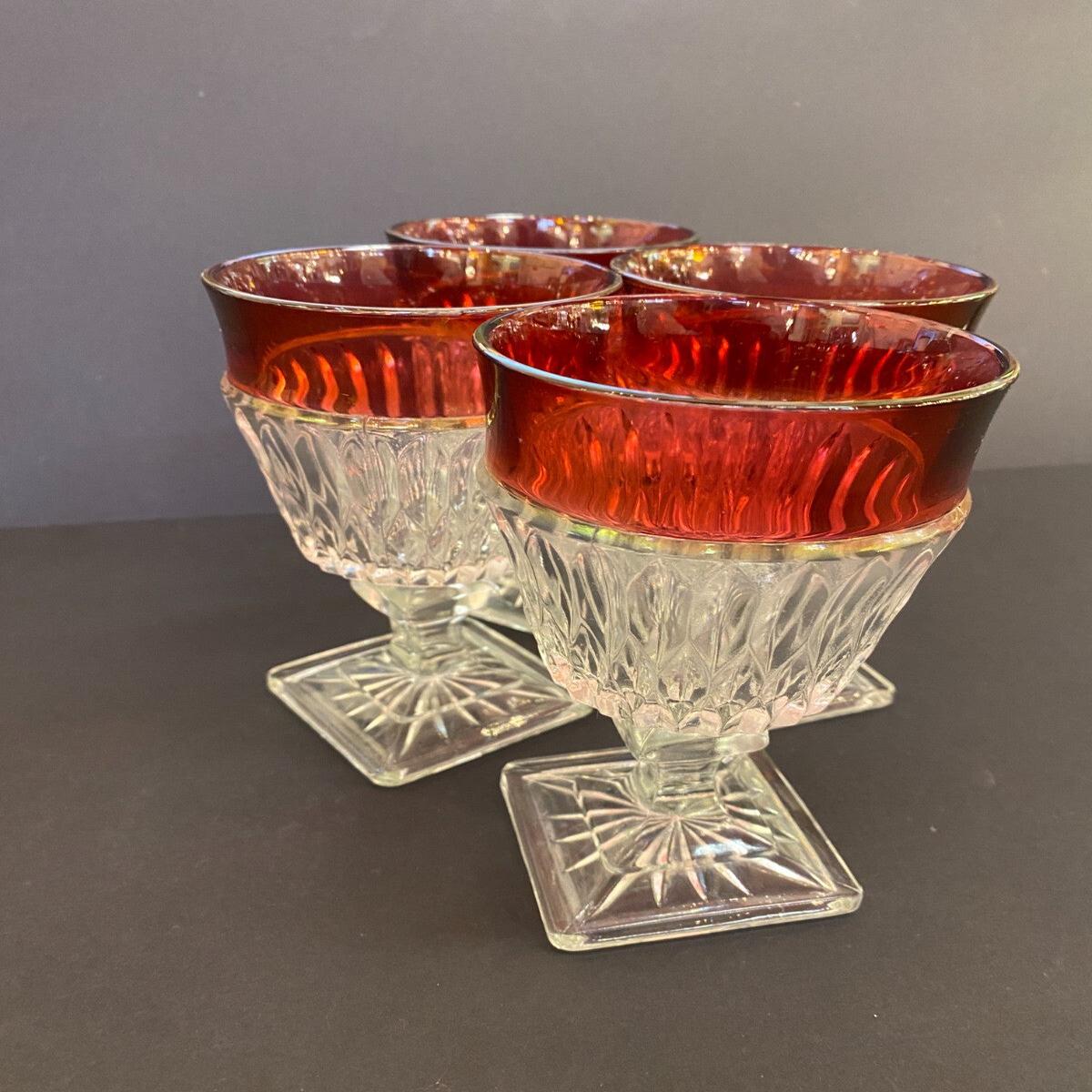 Vintage Ruby Red Rimmed Set Of 4 Goblet Clear Cut Glass Square Base