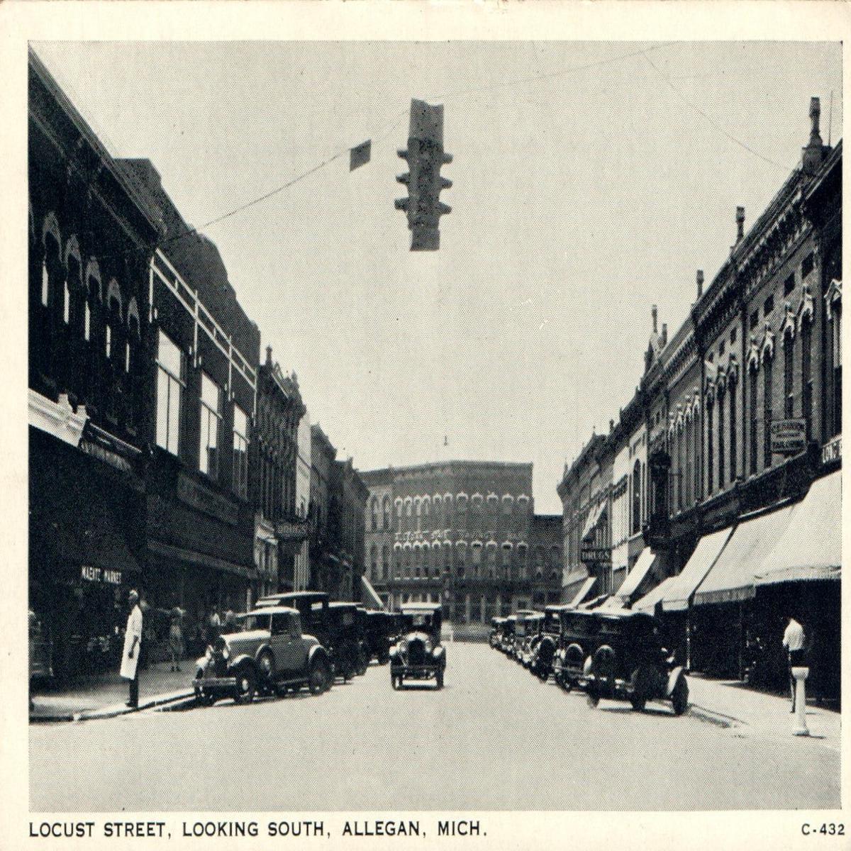 C-432 Locust Street Looking South Old Cars Shops Allegan Michigan MI Postcard